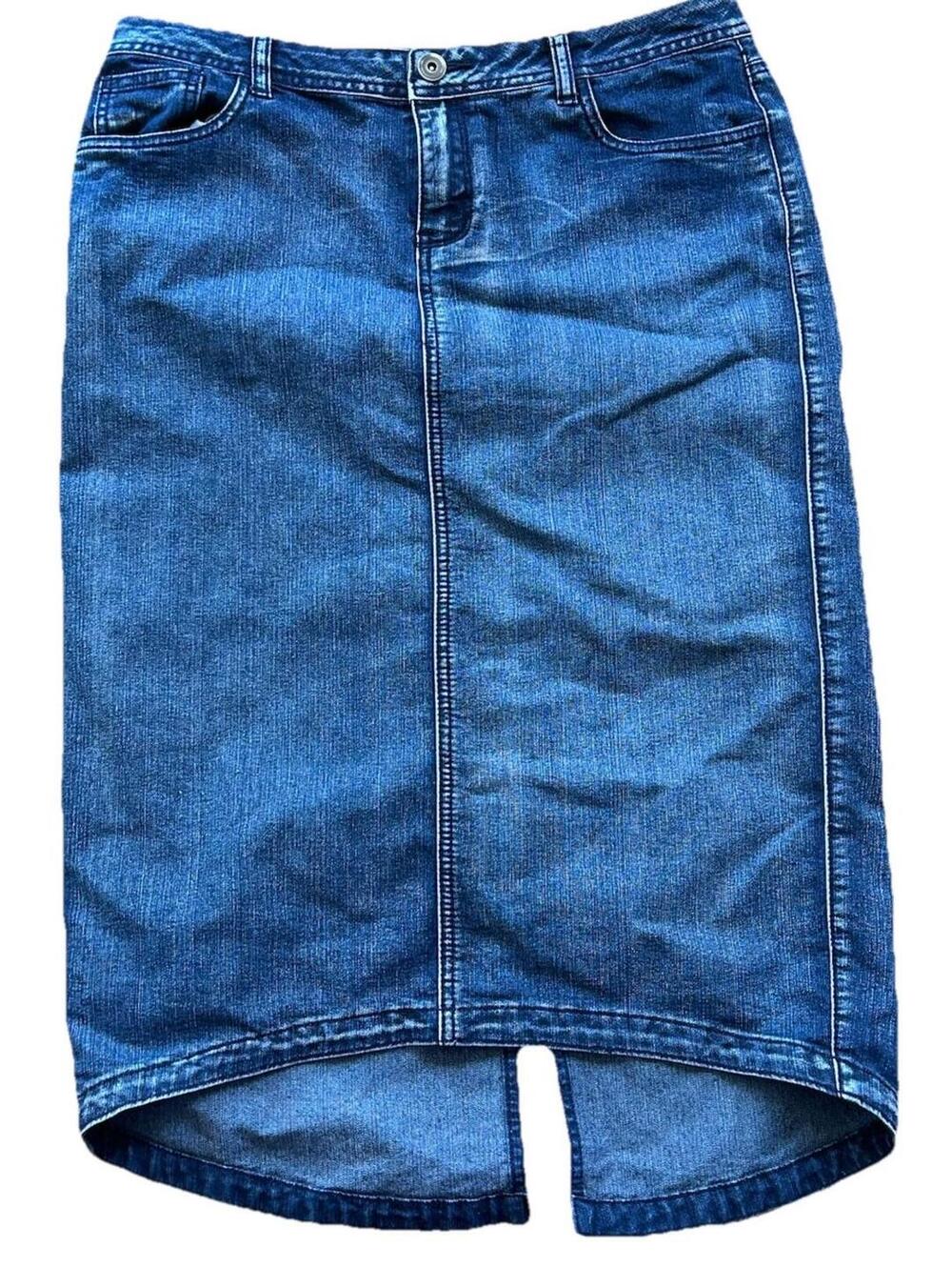 Baccini Women’s Jean Skirt Size 10 blue denim Hi Lo Modest Slit Y2K Midi
